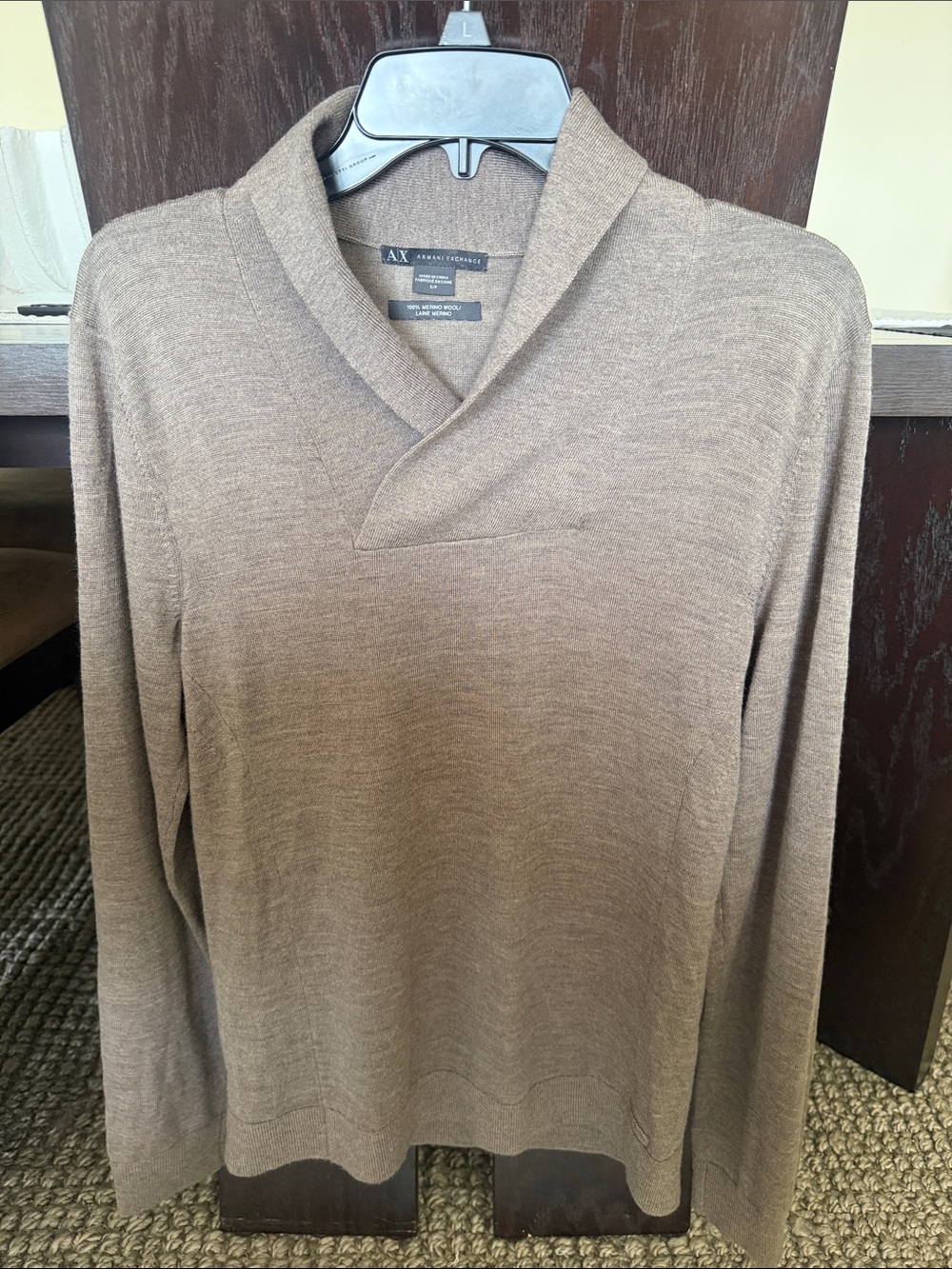 Armani Exchange Men's Taupe V-Neck Shawl Collar Sweater